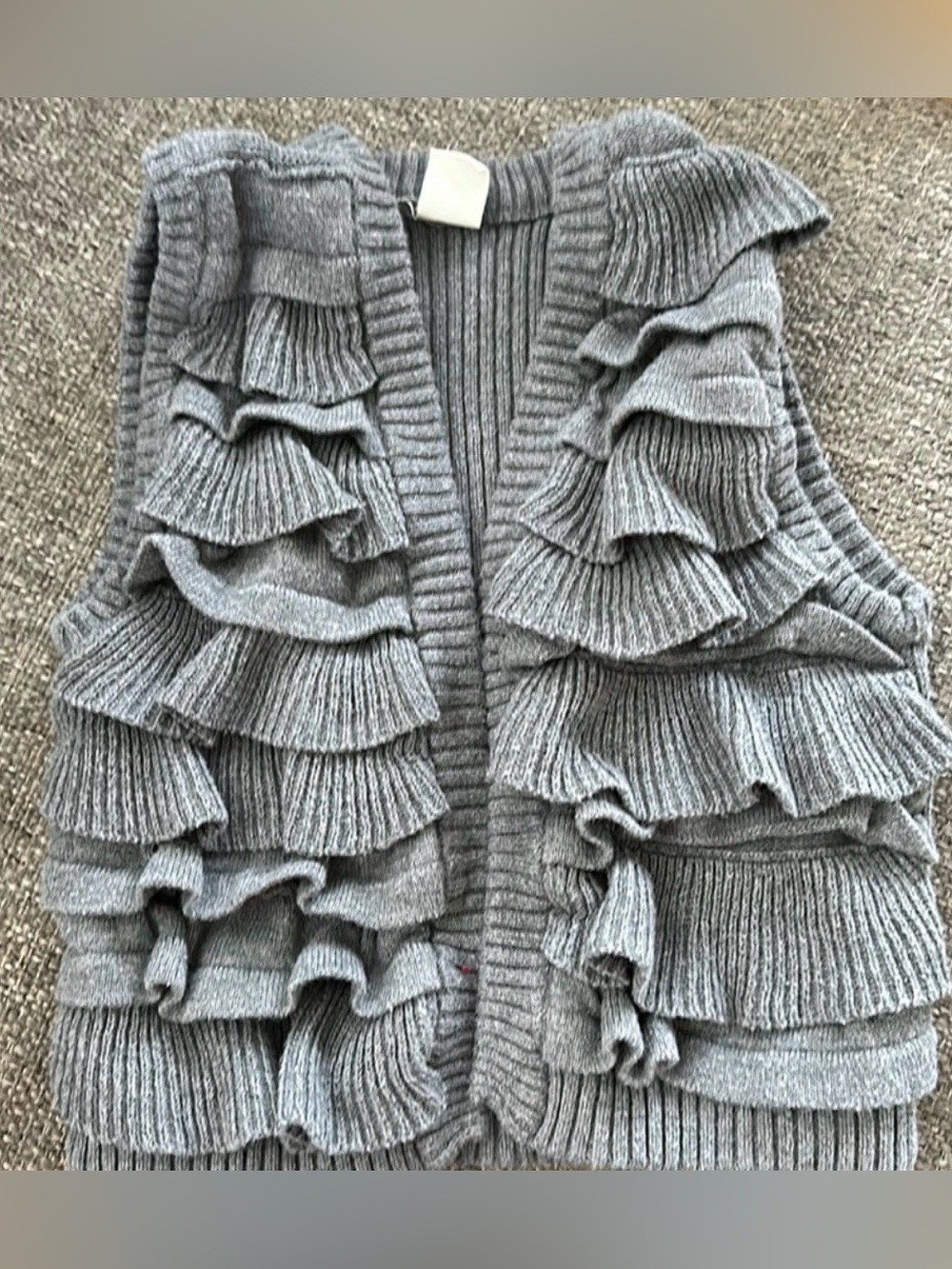 Gray 100% Cotton Cable Knit Layered Ruffle Open Front Sweater Vest 8 🩶